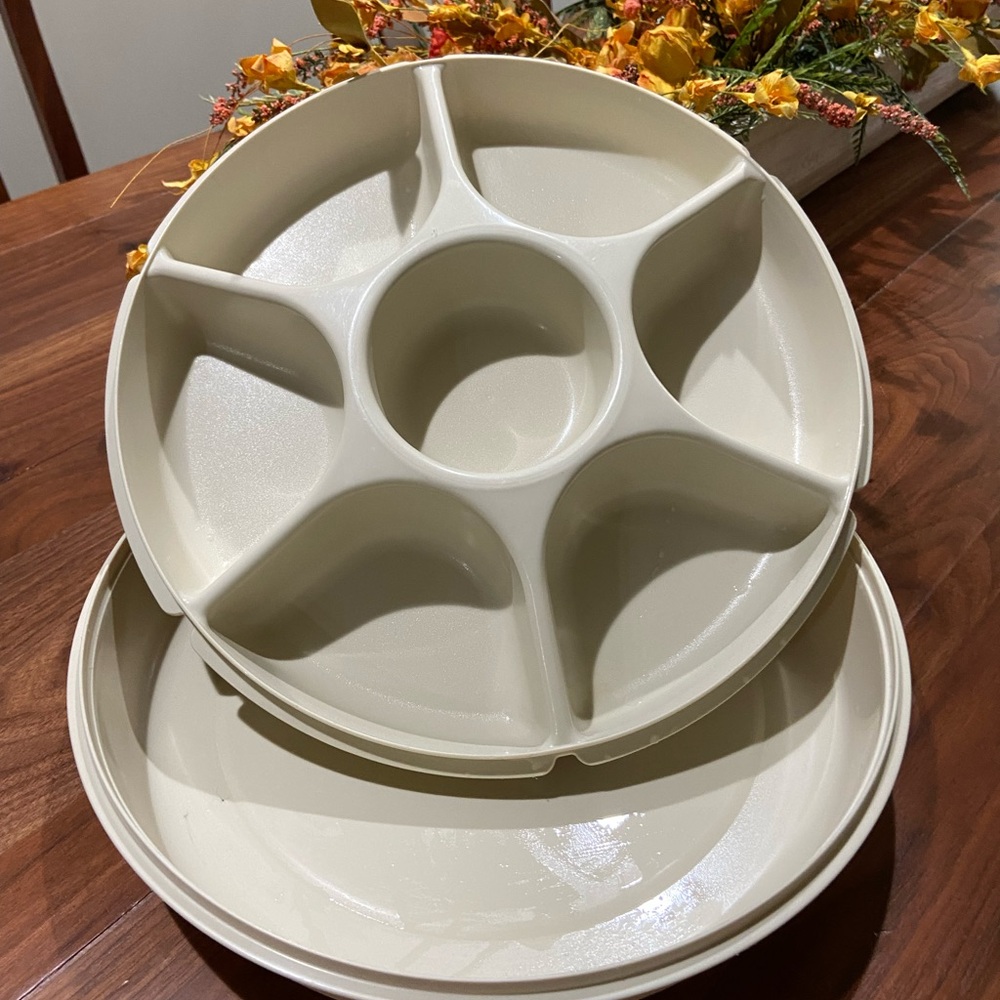 Vintage Tupperware Divided Veggie Relish / Chip & Dip Serving Tray with a lid.